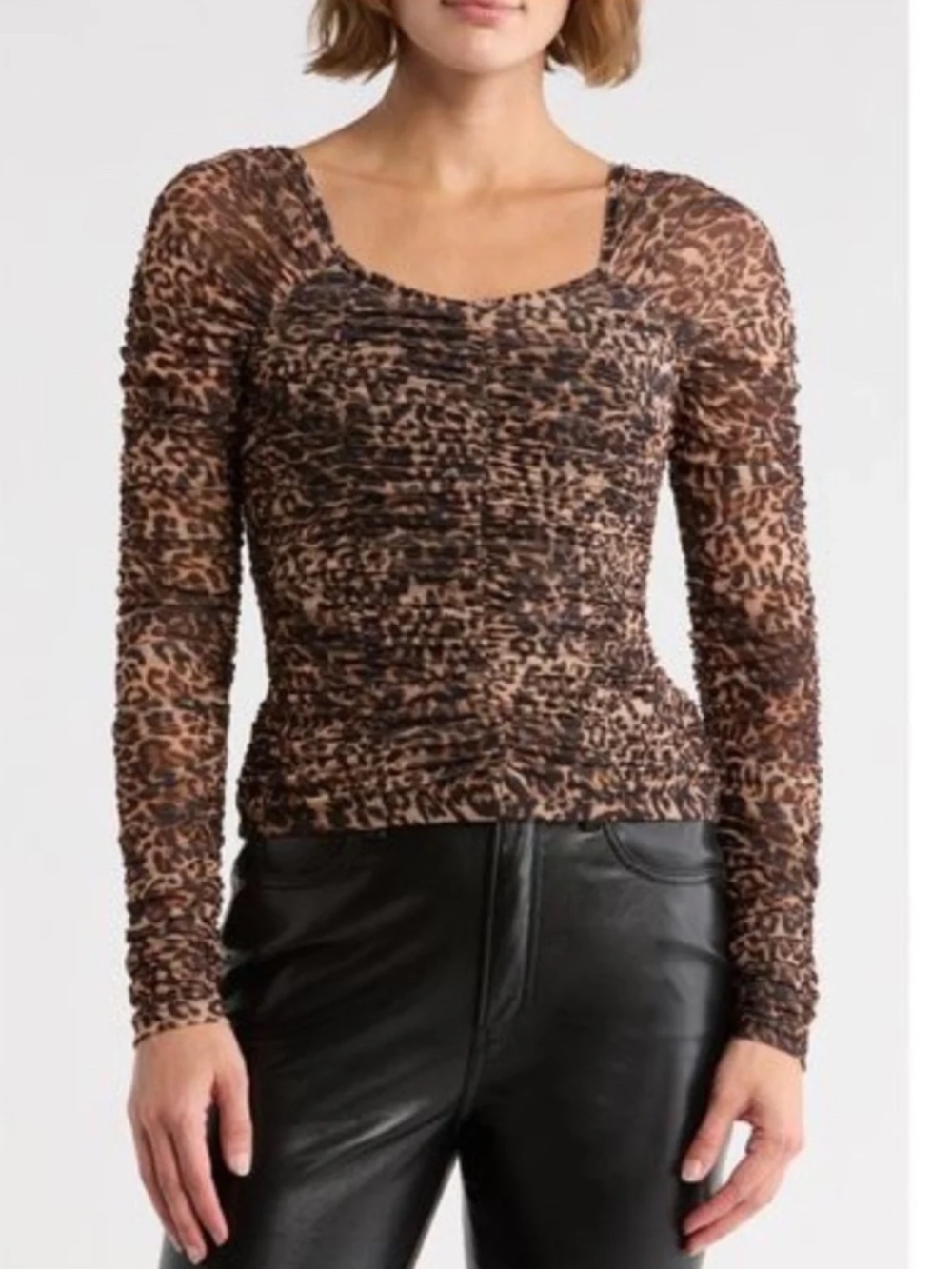 NWT Muse Leopard Brown Ruched Mesh Top Sz M